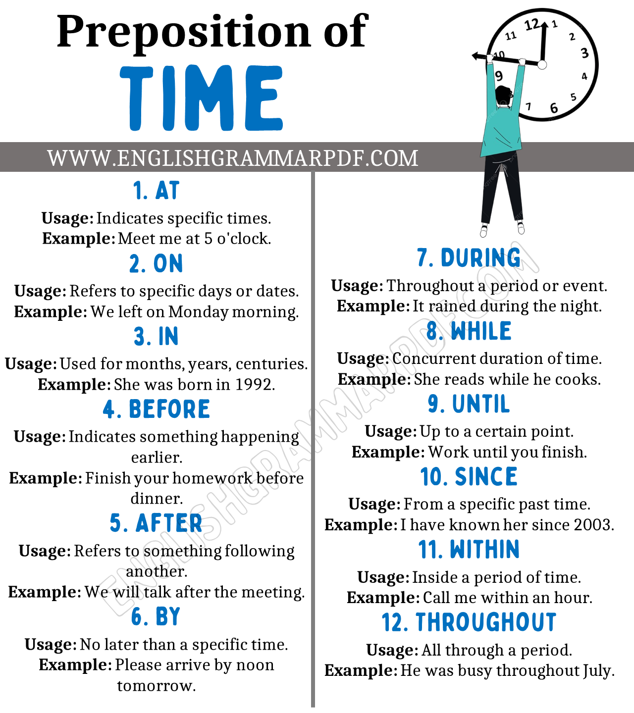 Prepositions of Time list