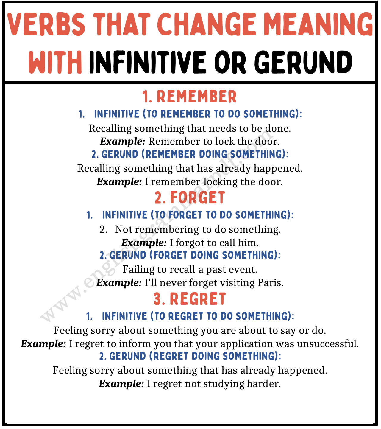 Verbs that Change Meaning with Infinitive or Gerund