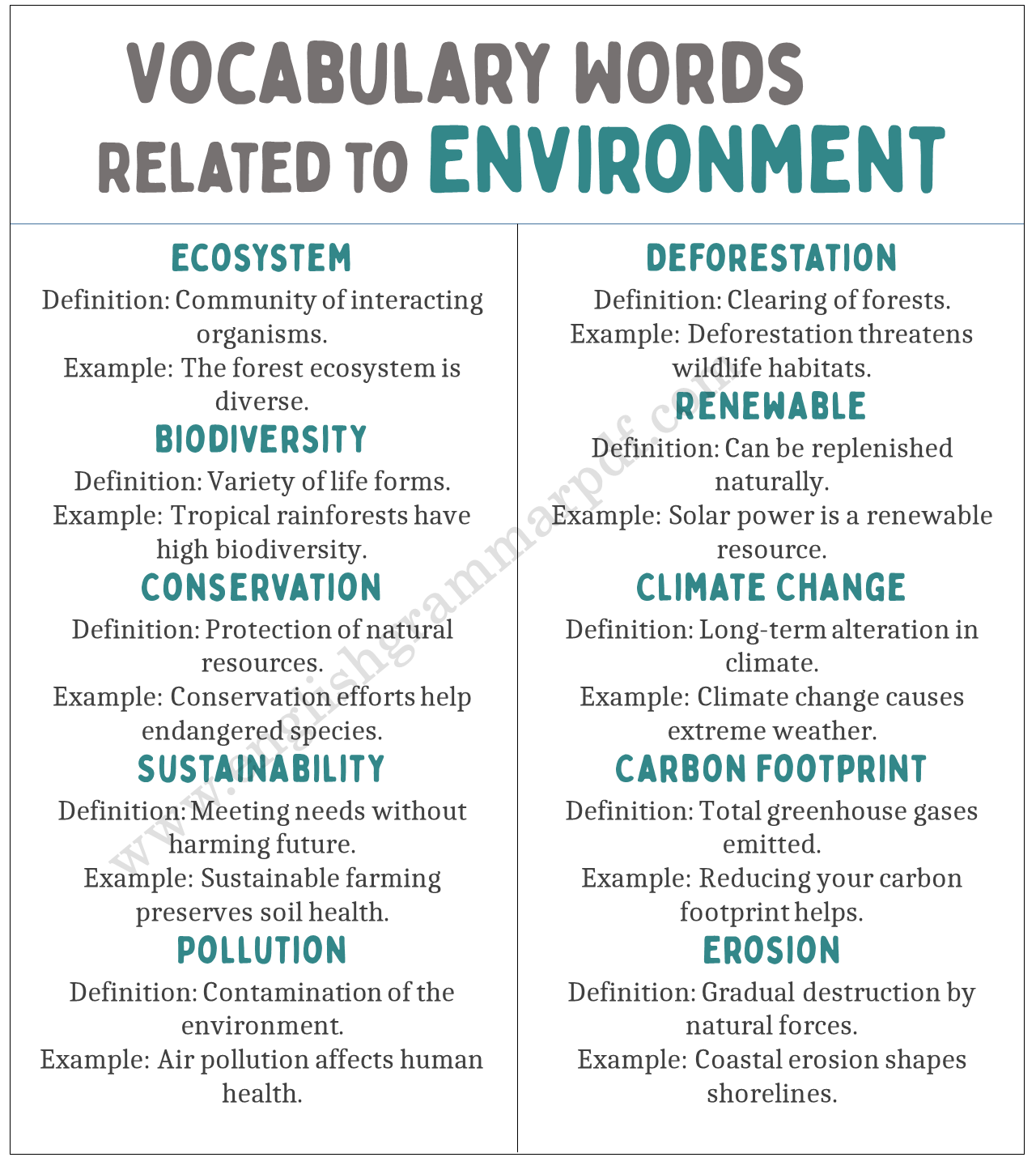 Vocabulary Words Related to Environment