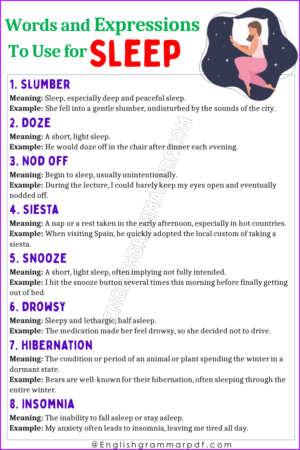 Words and Expressions to Use for Sleep
